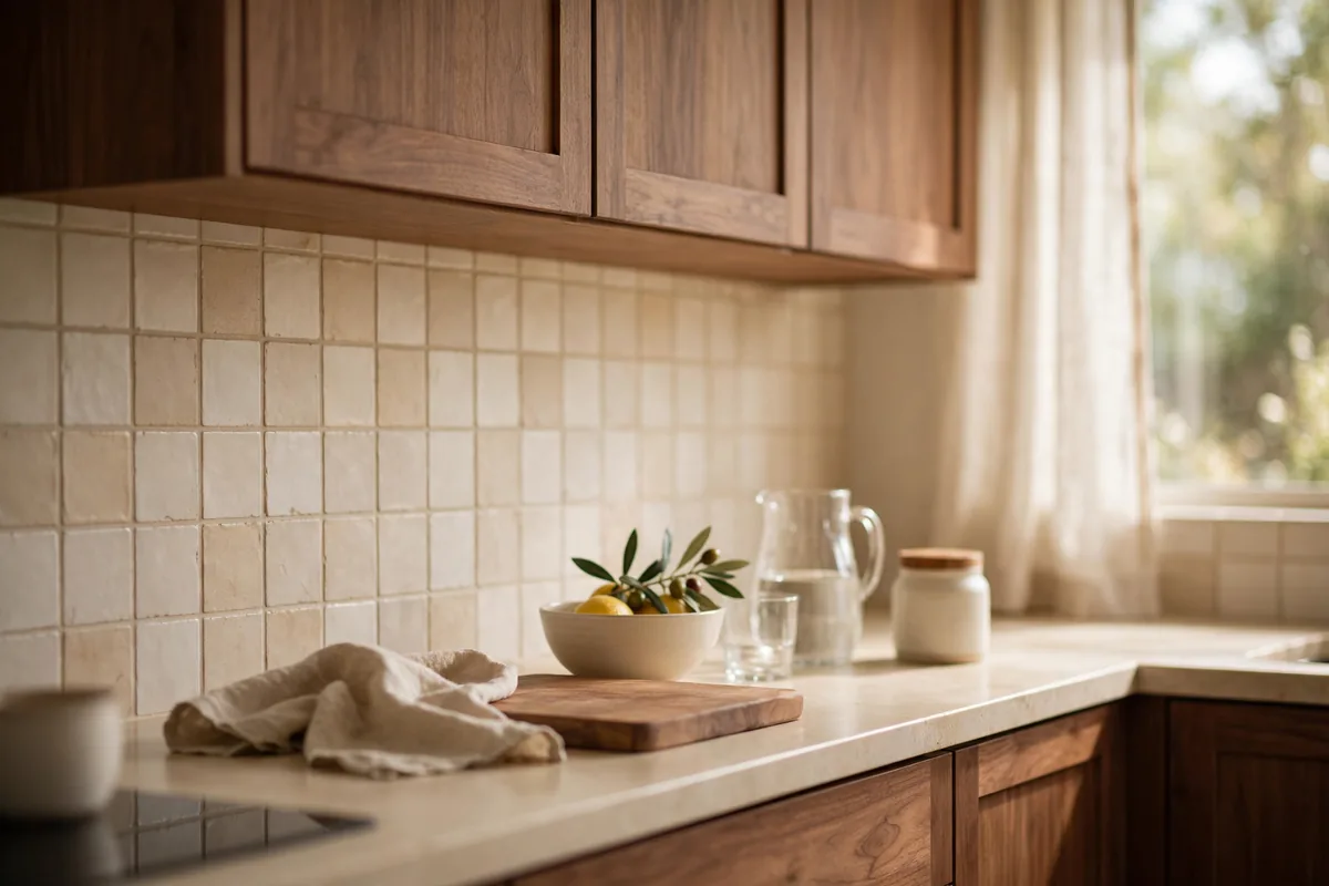 A kitchen with a tiled backsplash