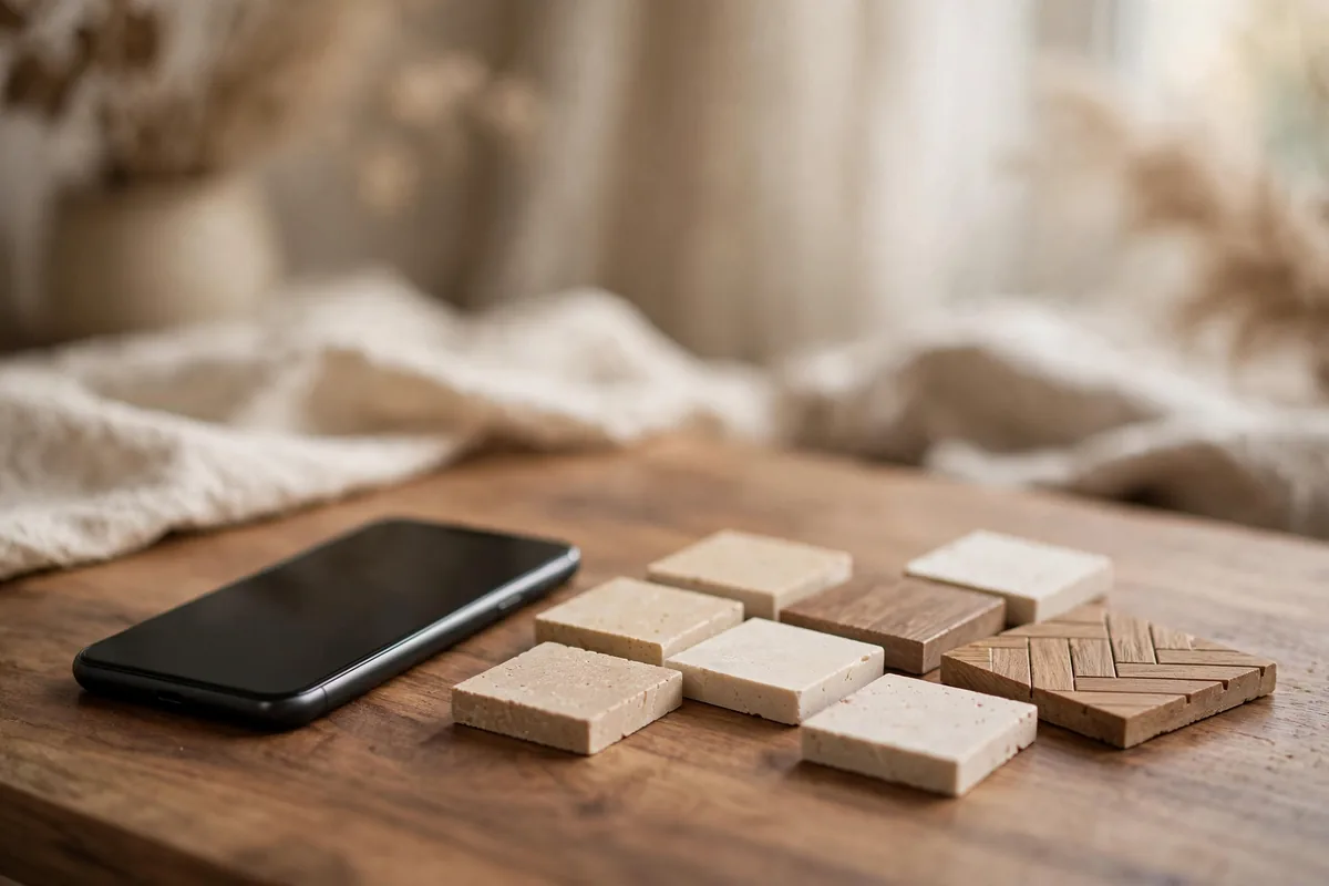 A phone beside tile samples